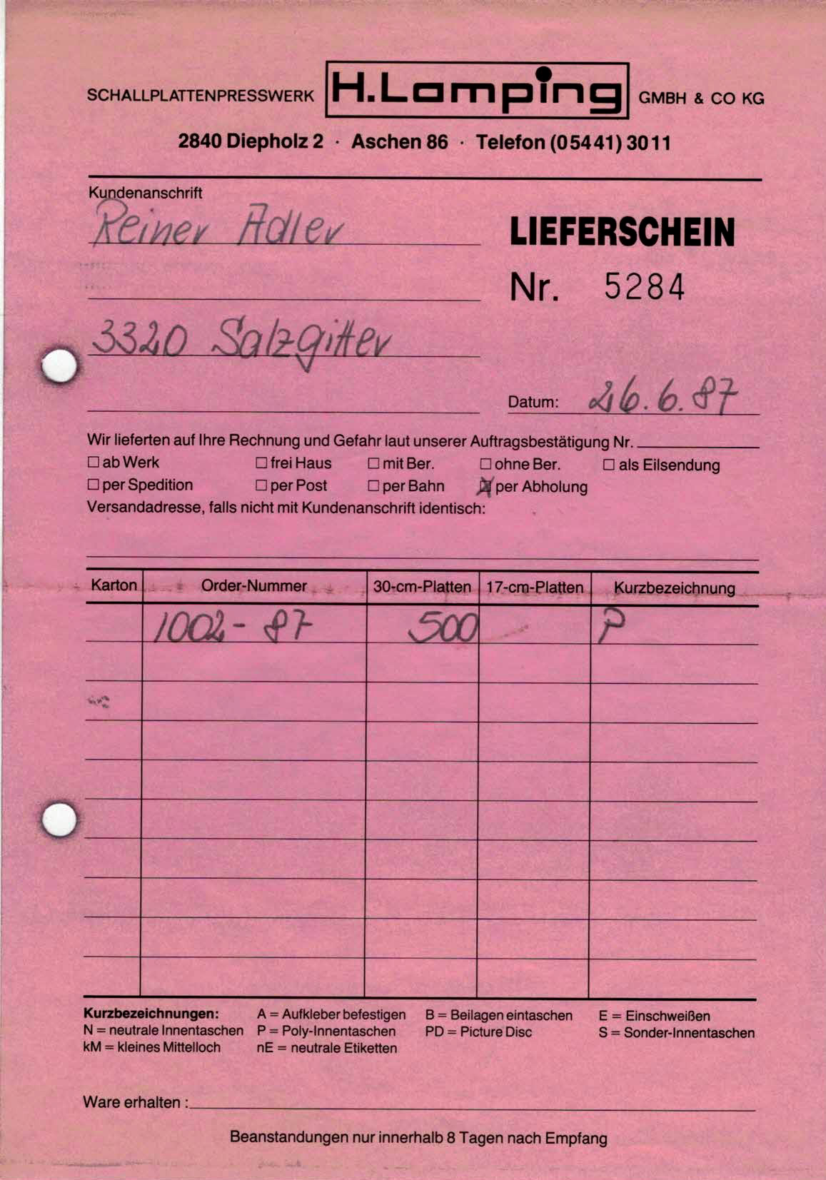 19870626 Lamping Lieferschein